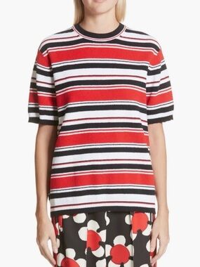MARC JACOBS The Striped Top Black Red White Short Sleeve Gold Zipper Size S